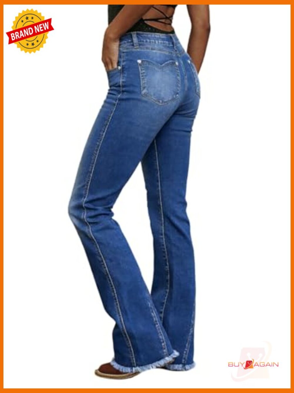 Mid Rise Boot Cut Stretchy Flare Jeans Raw Hem V Cut - Picture 3 of 5